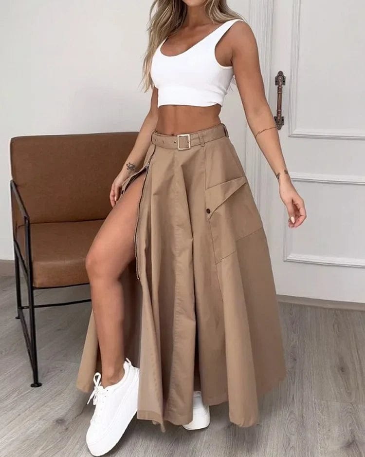 Khaki & Wit / XS Diede | Elegante Mouwloze Rok en Topje Mykozo