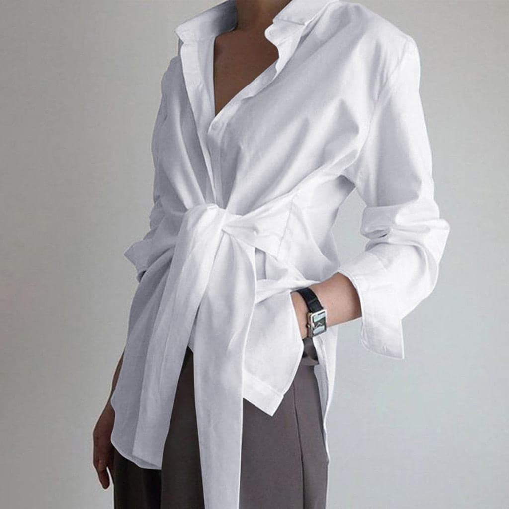 Blouse White / S Elara - Lange Mouwen Geplooide Frontknoop Blouse Mykozo