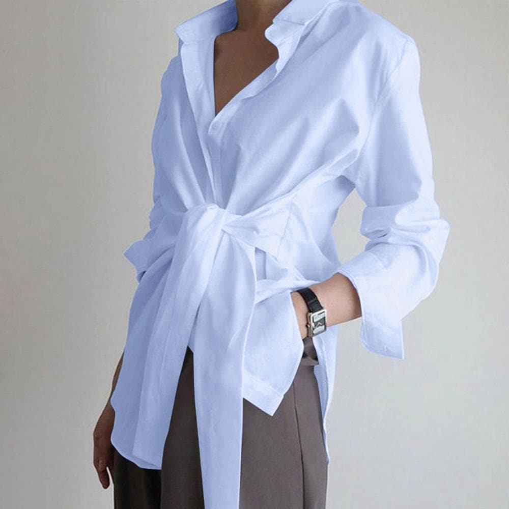 Blouse Light  Blue / S Elara - Lange Mouwen Geplooide Frontknoop Blouse Mykozo