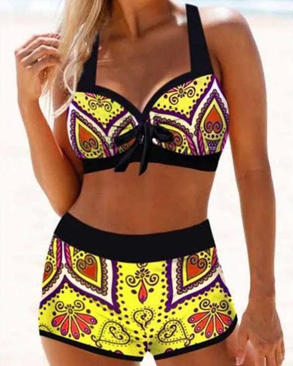 S131 Geel / S Eva| Bloemenprint Kant Omhoog Halter V-Hals Casual Bikini's Badpakken Mykozo