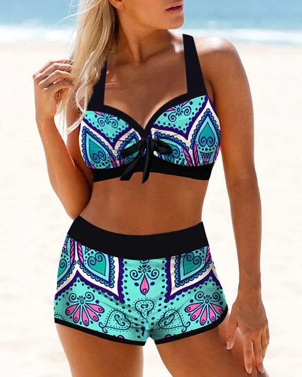 S131 Blauw / S Eva| Bloemenprint Kant Omhoog Halter V-Hals Casual Bikini's Badpakken Mykozo