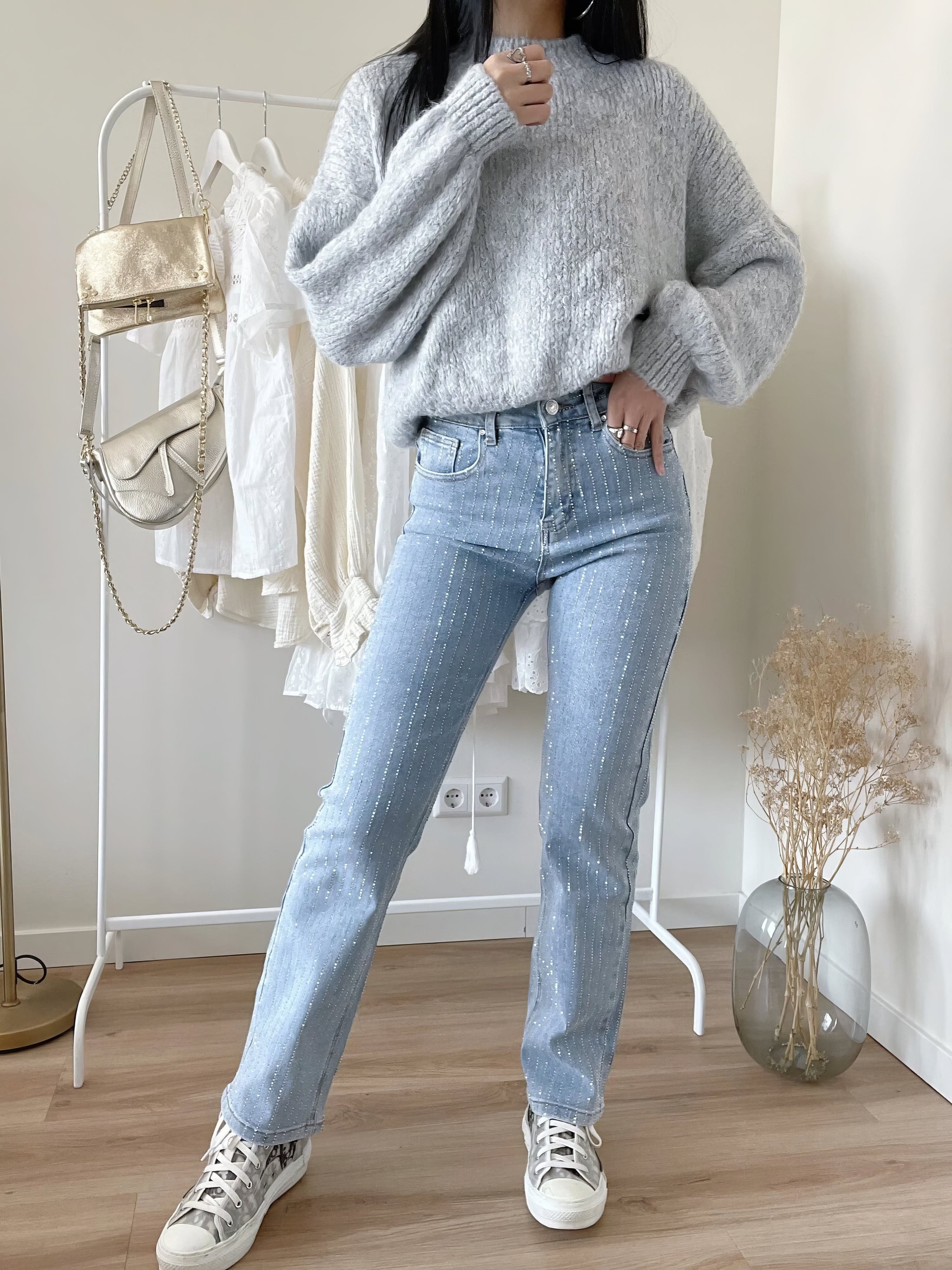 S / Lichtblauw Gestreept GlamLux™ | Denim Glitter Sparkle Jeans Mykozo