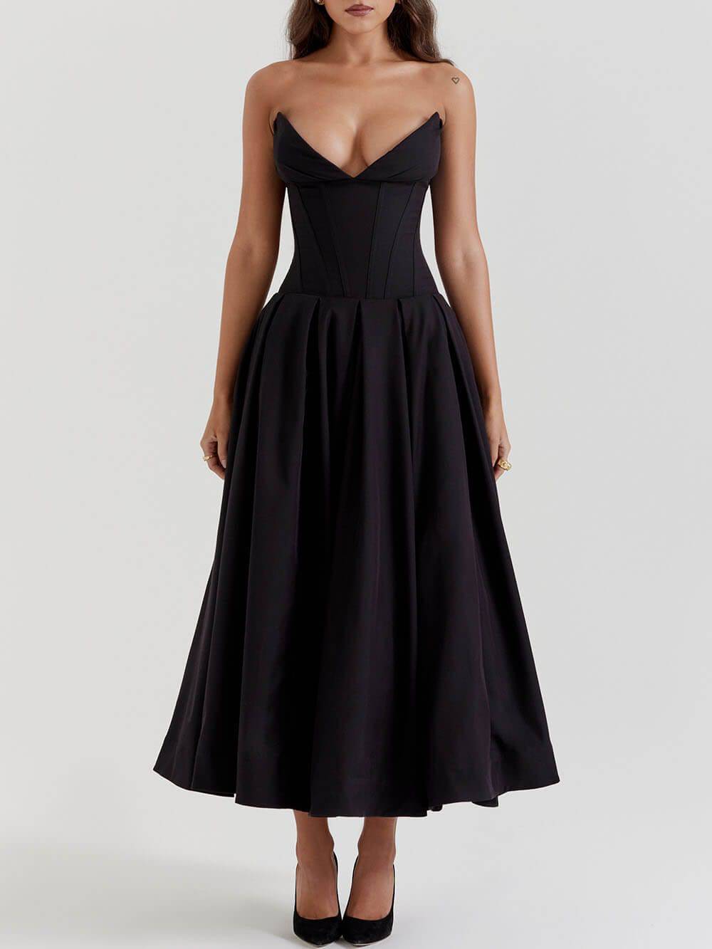 Hanne | Elegante Zwarte strapless midi jurk - VAN MONTCLAIR NL