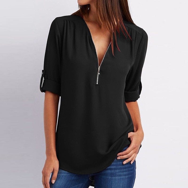 Zwart / S Ivalyn | Elegante 3/4 Mouw Rits Blouse Mykozo