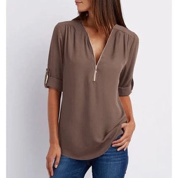 Koffie / S Ivalyn | Elegante 3/4 Mouw Rits Blouse Mykozo