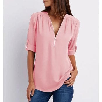 Roze / S Ivalyn | Elegante 3/4 Mouw Rits Blouse Mykozo