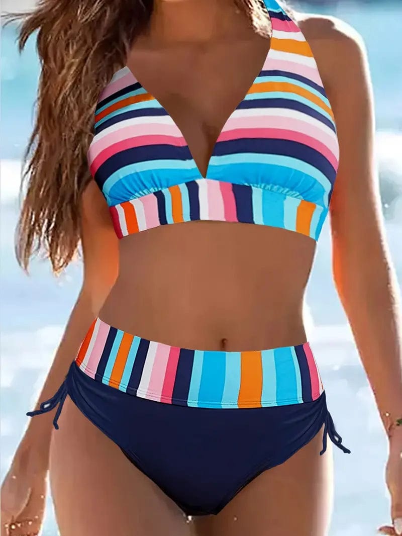 546 Roze / S Jacqueline® | Halterbikini met kleurrijke streepjesprint en koordje Mykozo