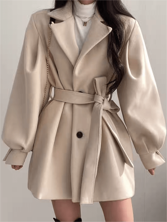 Beige / S Livia | Comfy Vacht met reverskraag en riem Mykozo