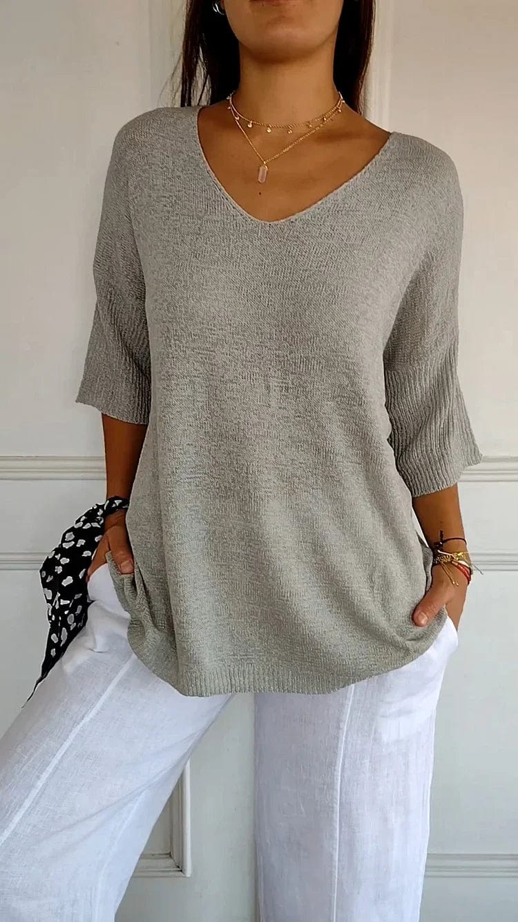 Sweater Grijs / S Marleen | Comfy Top met gebreide V-hals Mykozo