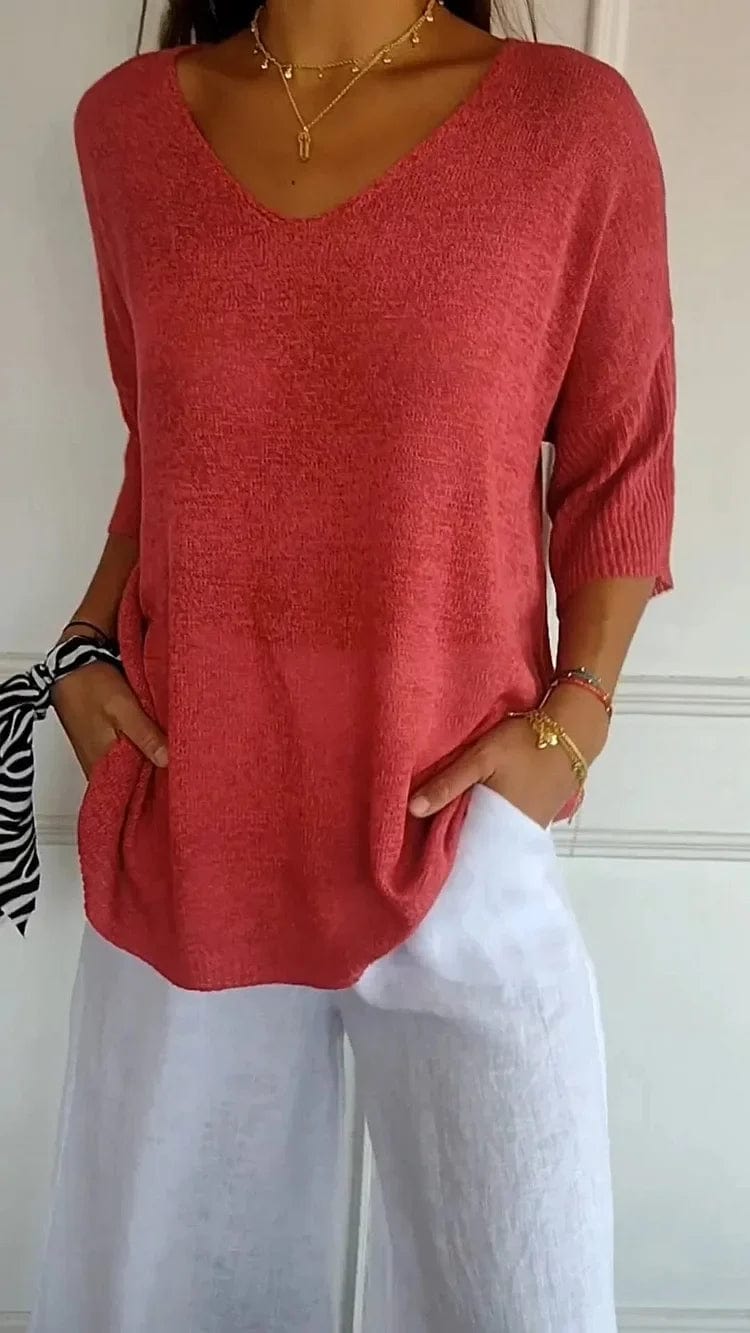 Sweater Rood / S Marleen | Comfy Top met gebreide V-hals Mykozo