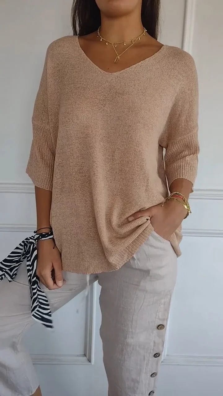 Sweater Abrikoos / S Marleen | Comfy Top met gebreide V-hals Mykozo