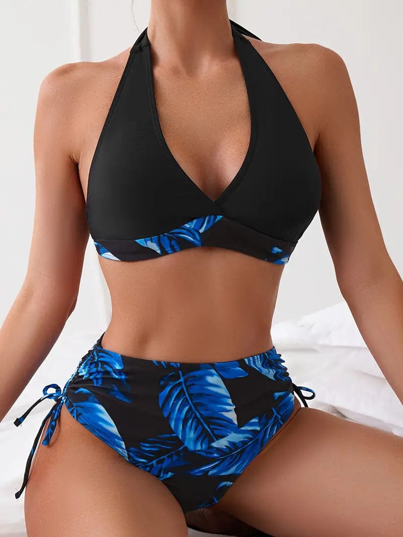 544 Zwart / S Vivien® | Stijlvolle halterbikini met tropische bladprint Mykozo