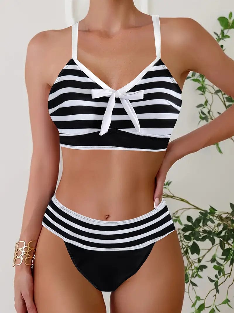 681 Zwart / S Helga® | Sexy gestreepte bikini met strikknoop V-hals Mykozo