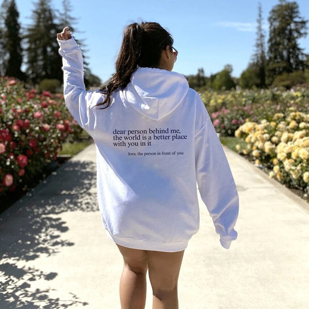 Hoodie White / S 'Dear Person Behind Me' - Positiviteits Hoodie Mykozo