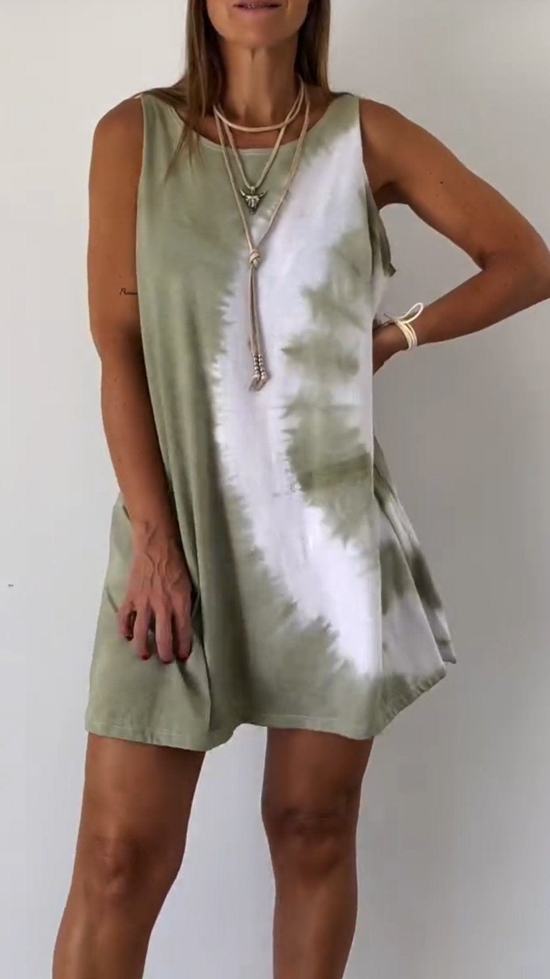 Khaki / S Lyska | Elegante Tie Dye Mouwloze Jurk Mykozo