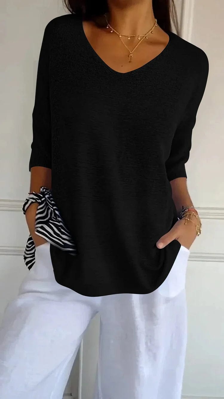 Sweater Zwart / S Marleen | Comfy Top met gebreide V-hals Mykozo