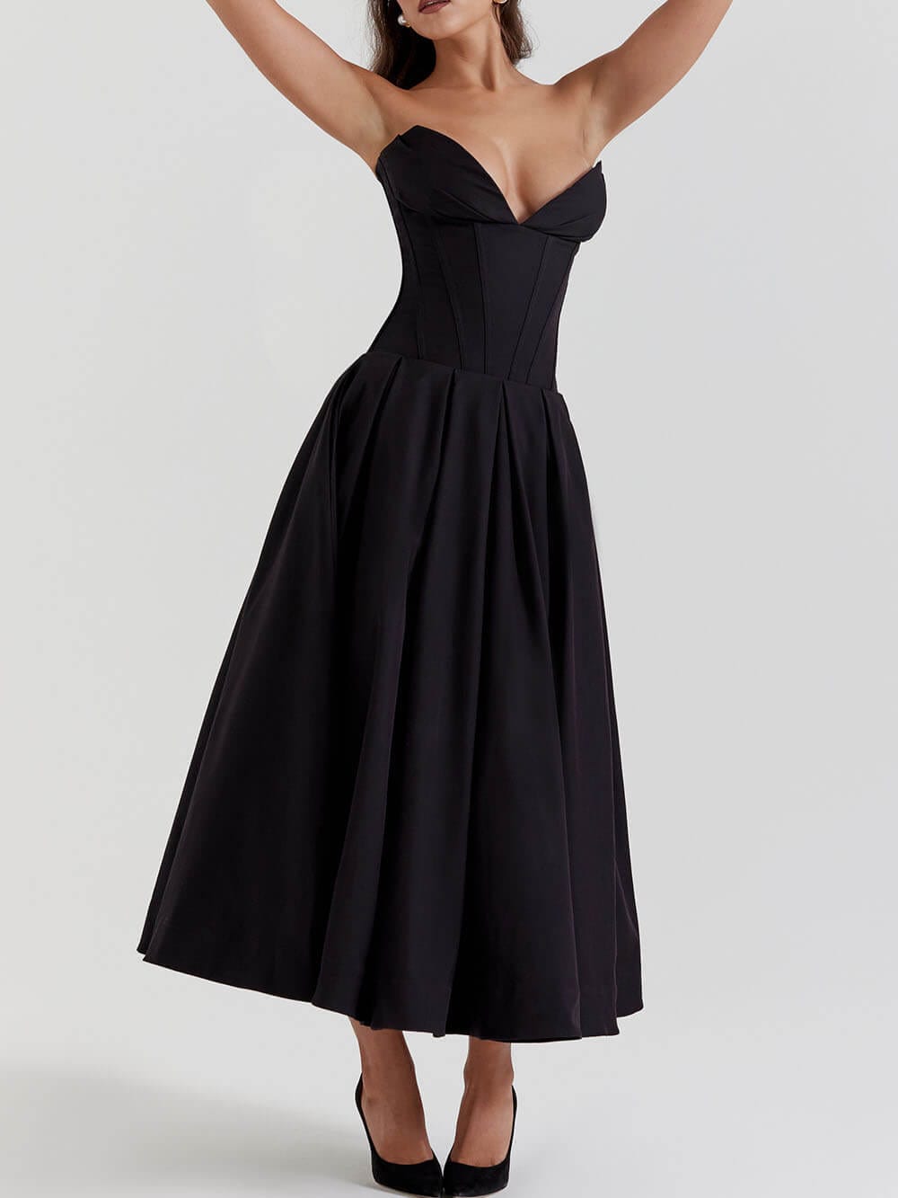 Puk | Elegante Zwarte strapless midi jurk Mykozo