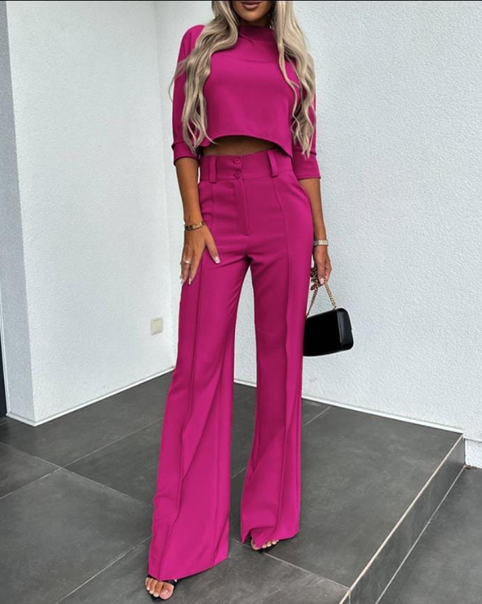 Fuchsia / S RoseLina | Elegante O Hals Top en Broek Set Mykozo